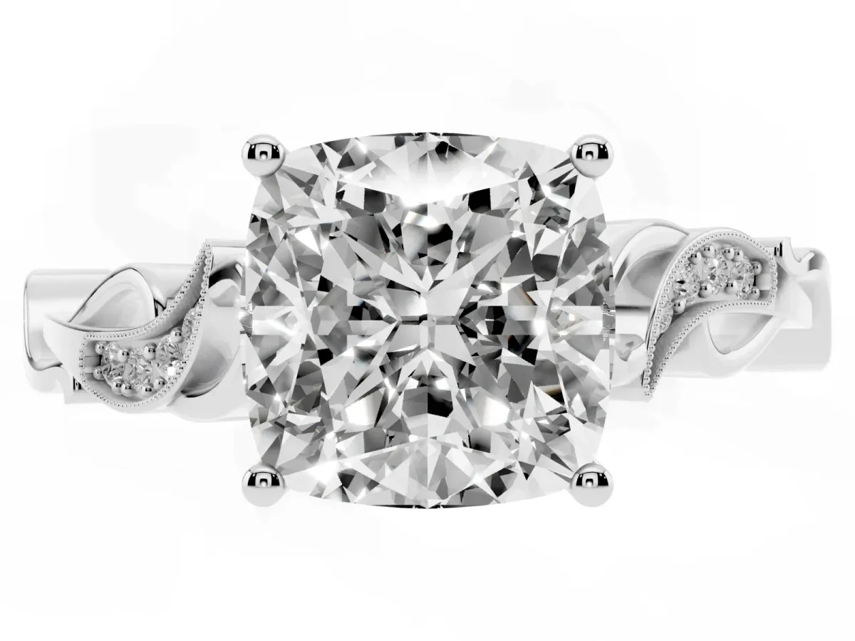 Cushion Cut Solitaire Vine Band with Milgrain Prong Setting Silver
