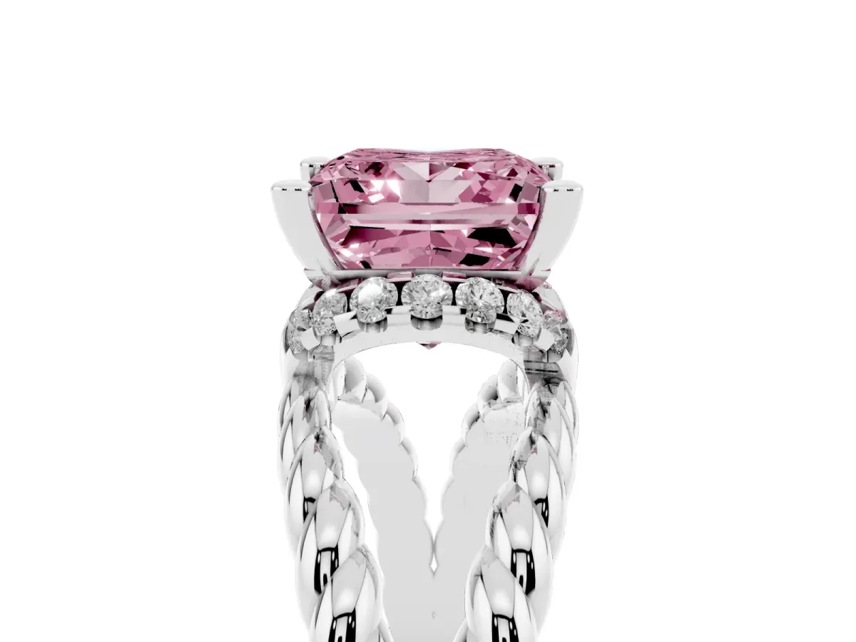 Fancy Pink Princess Cut Halo Twisted Band Four-Prong Ring Silver