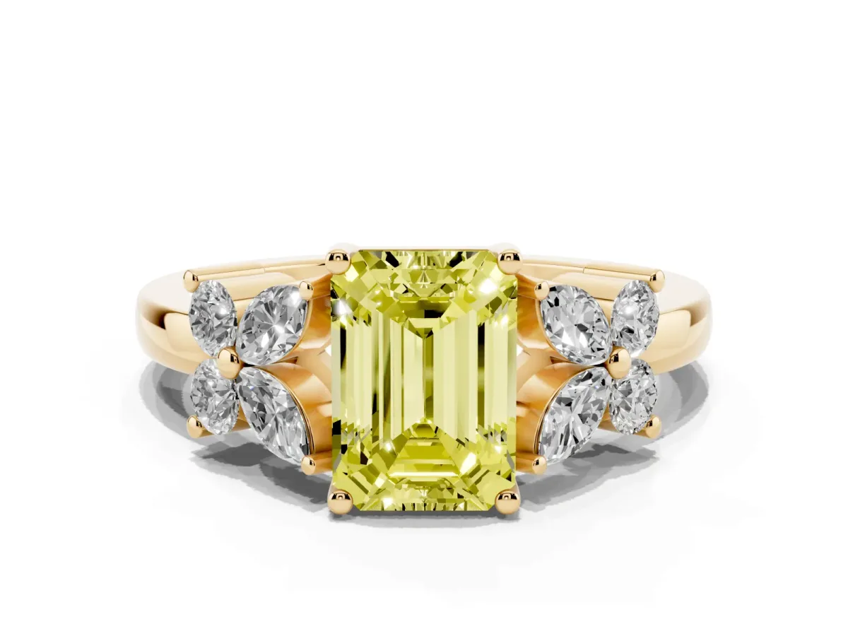 Fancy Yellow Emerald Cut Diamond Floral Cluster Ring with Solitaire Band and Prong Setting Yellow gold