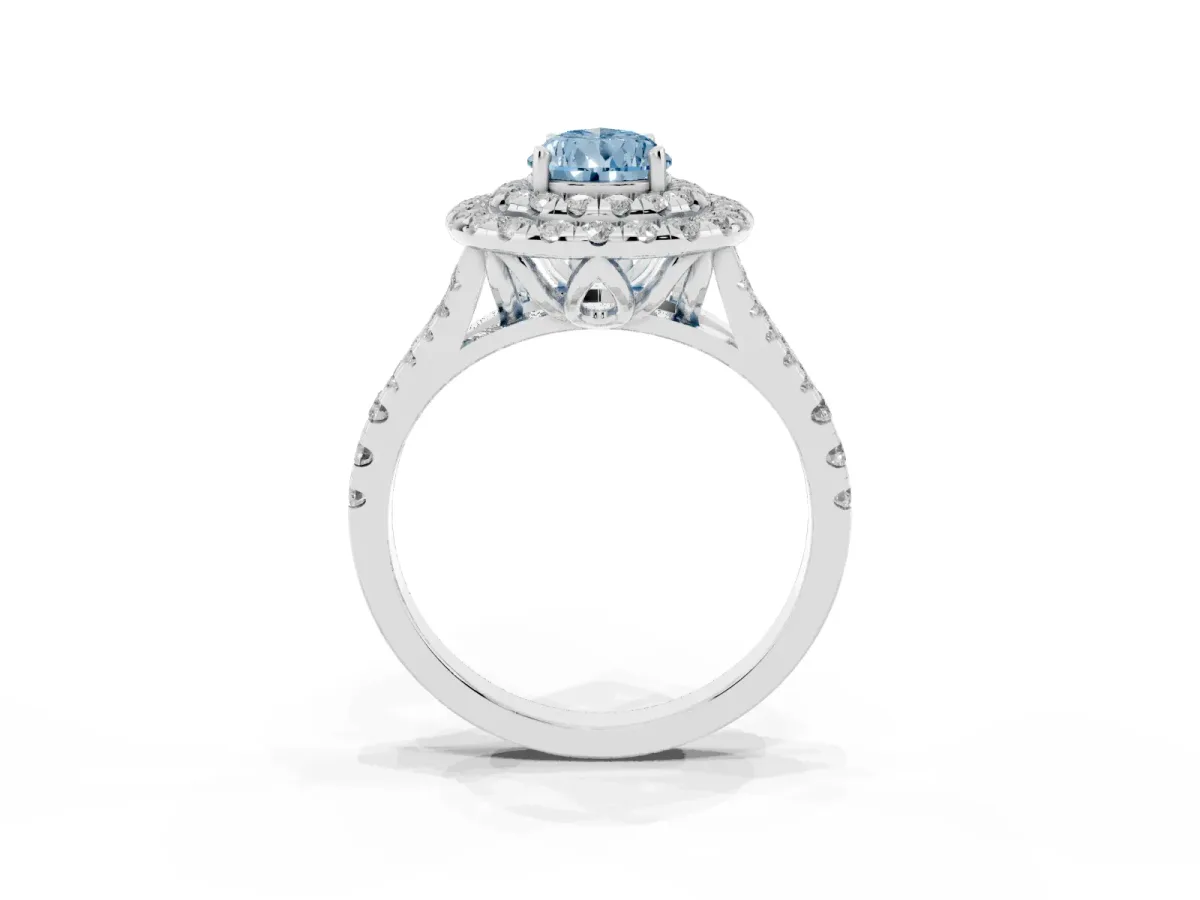 Fancy Blue Double Halo Pear Cut Diamond Pavé Split Shank Ring with Prong Setting White gold