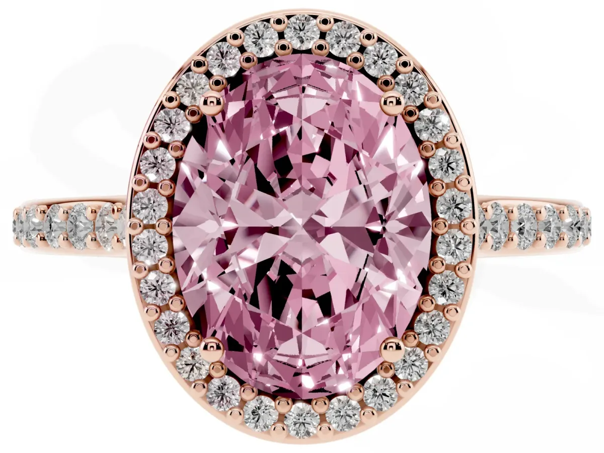 Fancy Pink Oval Cut Diamond Halo Engagement Ring with Round Pavé Shoulders and Prong Setting Rose gold
