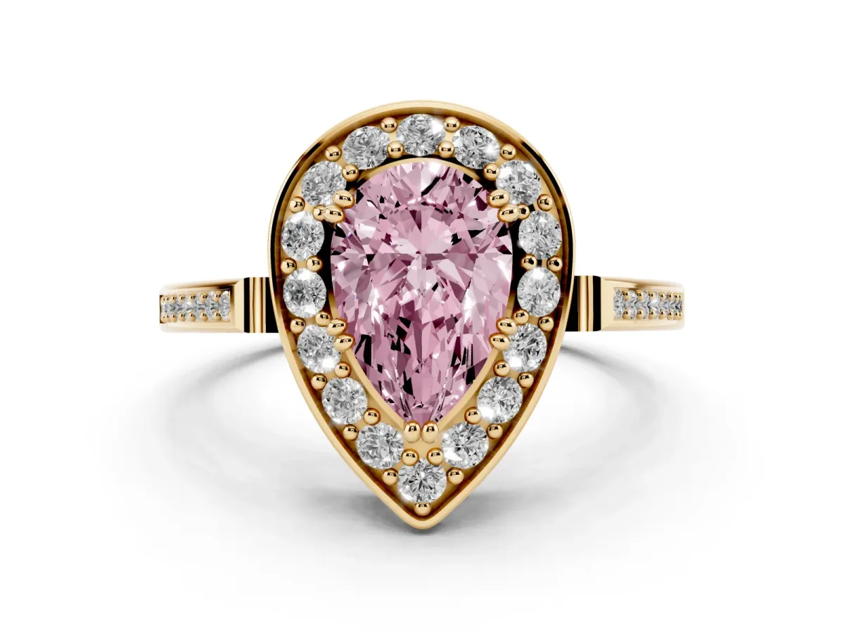 Fancy Pink Pear Cut Diamond Halo Ring with Split Shank and Four-Prong Setting Yellow gold