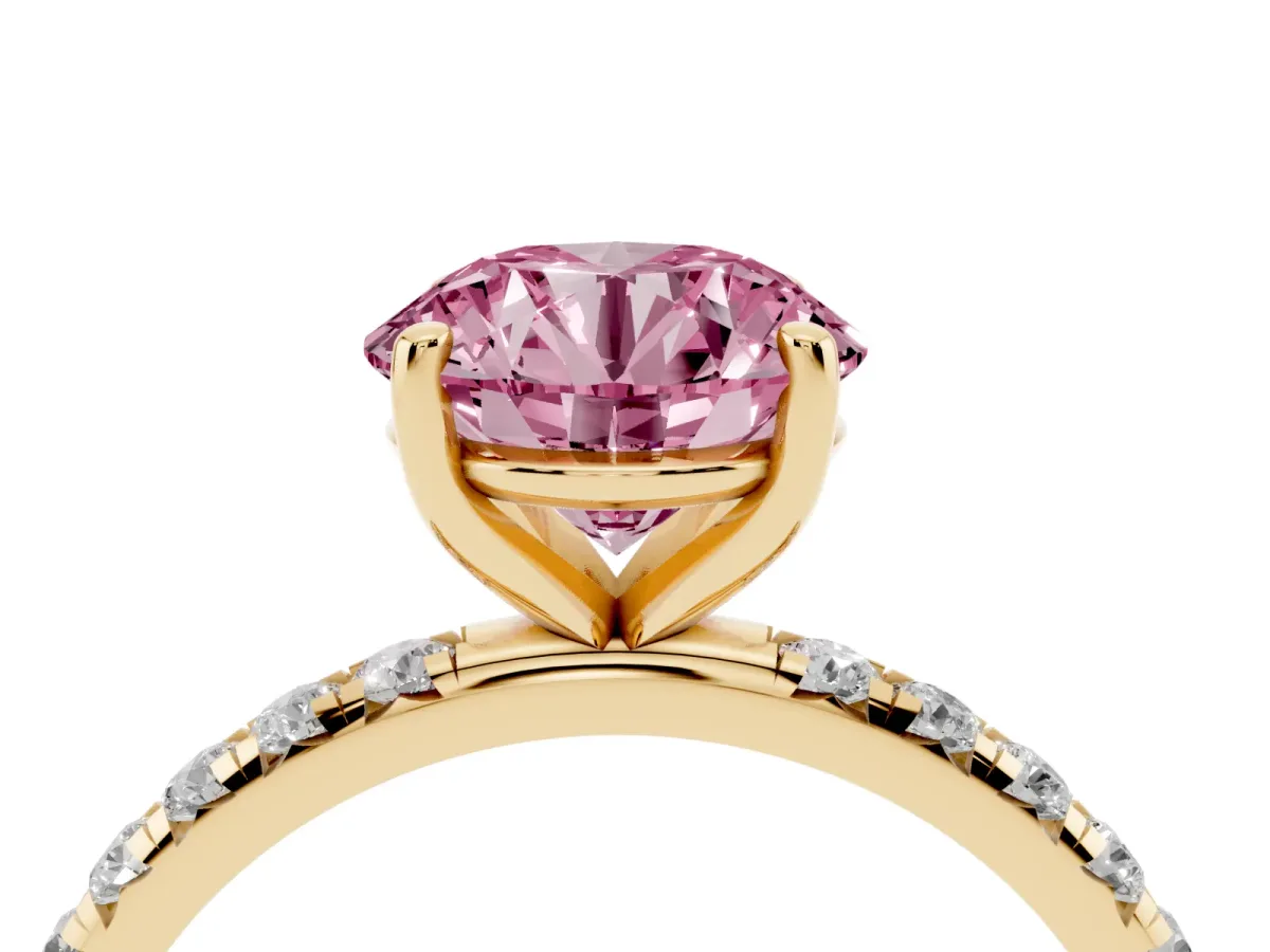 Fancy Pink Round Cut Cut Diamond Solitaire Ring with Micro Pave Band and Four Prong Setting Yellow gold