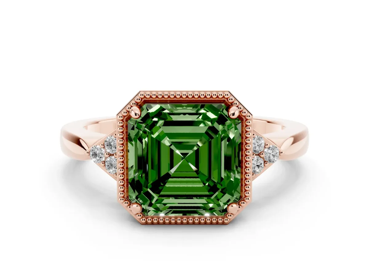 Fancy Green Milgrain Asscher Cut Cut Diamond Ring with Tapered Pave Band and Four Prong Setting Rose gold