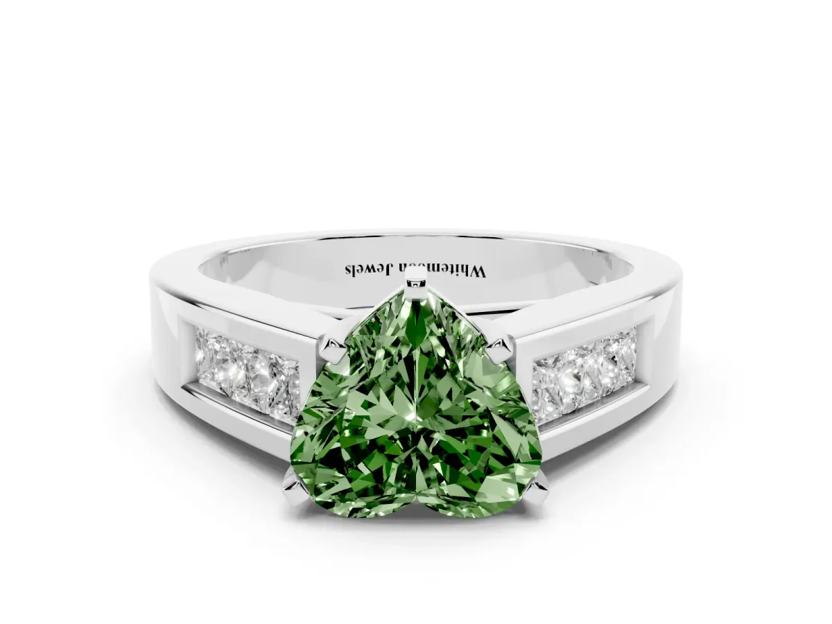 Fancy Green Heart Cut Cut Channel Set Solitaire Ring with Four-Prong Setting Silver