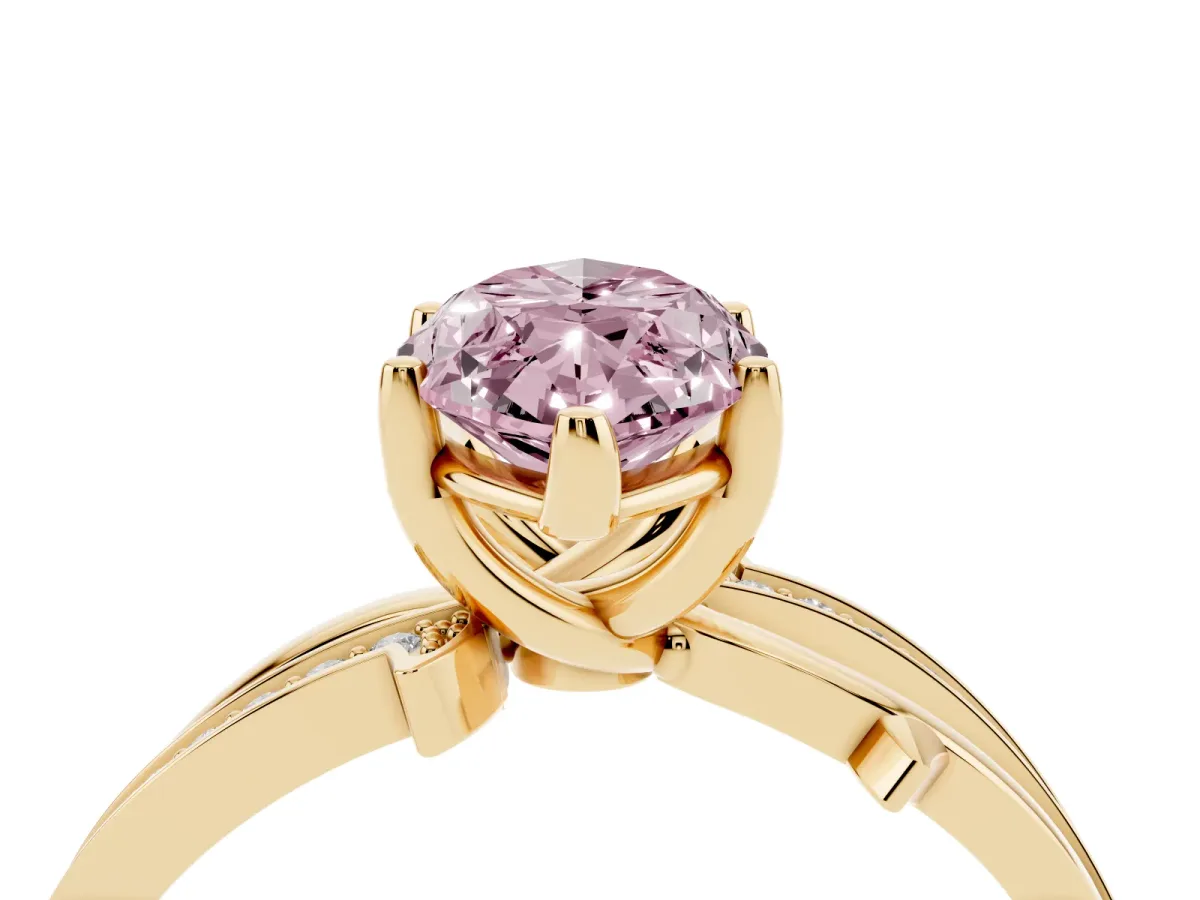 Fancy Pink Marquise Cut Solitaire Twist Band with Pavé Accents and Four-Prong Setting Yellow gold