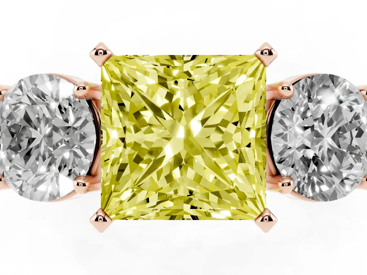 Fancy Yellow Three-Stone Princess Cut Diamond Ring with Round Side Stones, Classic Band, and Four-Prong Setting Rose gold