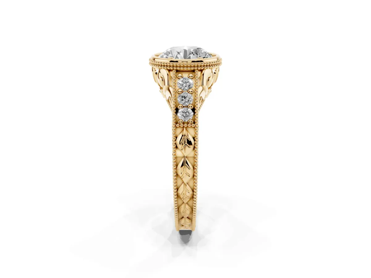 Bezel Set Round Cut Diamond Milgrain Pave Engagement Ring Yellow gold