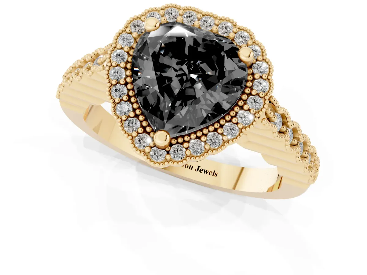 Fancy Black Heart Cut Cut Halo Pavé Solitaire Ring with Milgrain Band Yellow gold