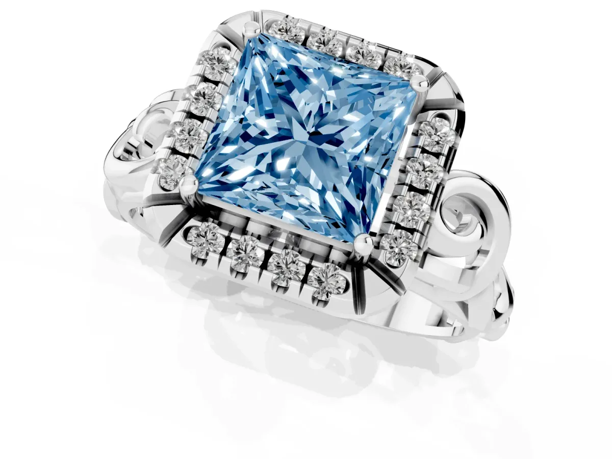 Fancy Blue Princess Cut Cut Halo Diamond Ring with Scrollwork Band and Four-Prong Setting Silver