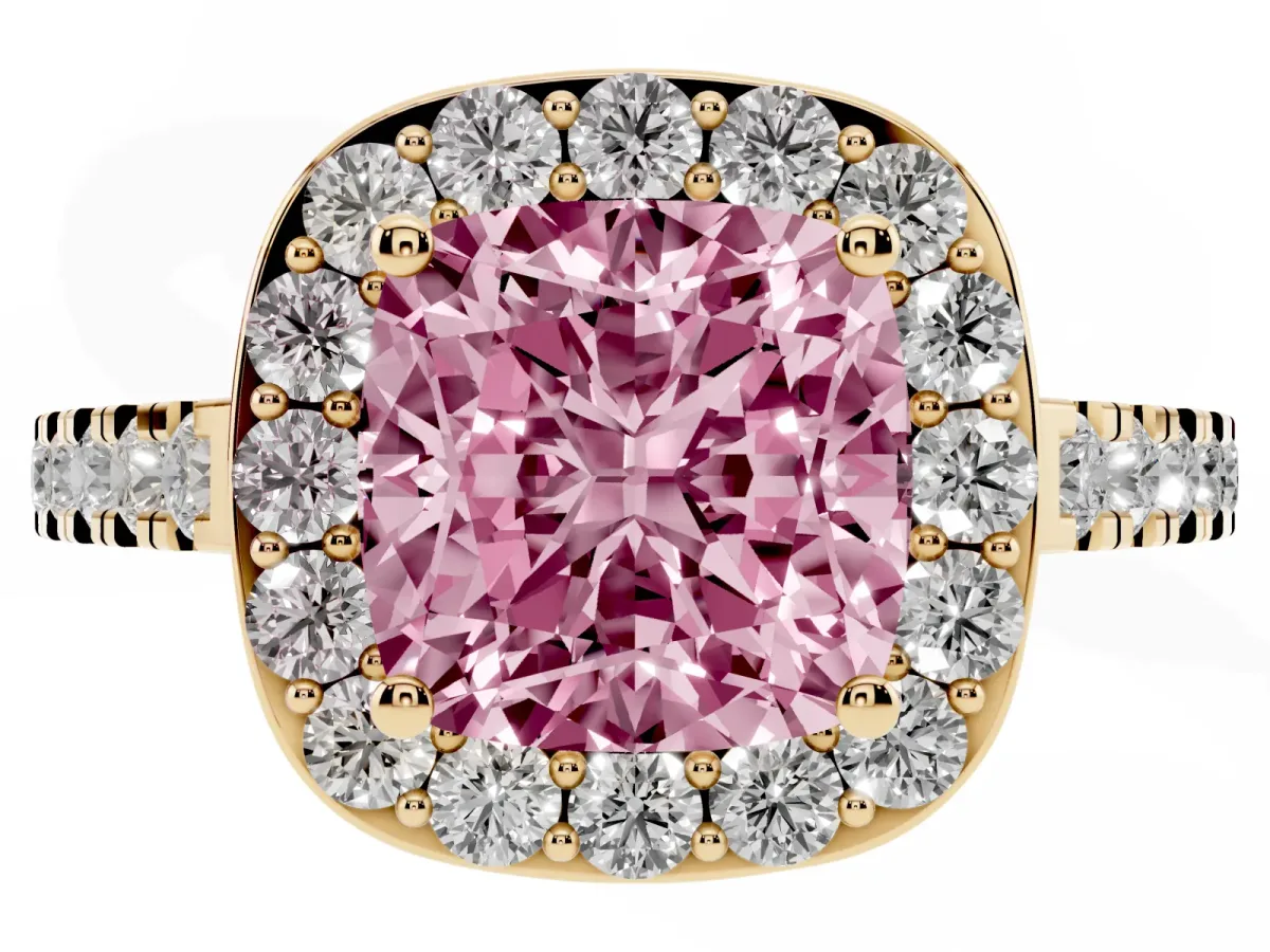 Fancy Pink Cushion Cut Diamond Halo Ring with Round Pavé Split Shank and Prong Setting Yellow gold