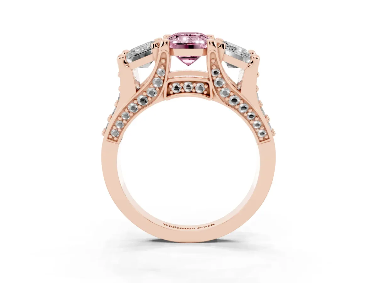 Fancy Pink Emerald Cut Diamond Three-Stone Ring with Channel Set Band and Four-Prong Setting Rose gold