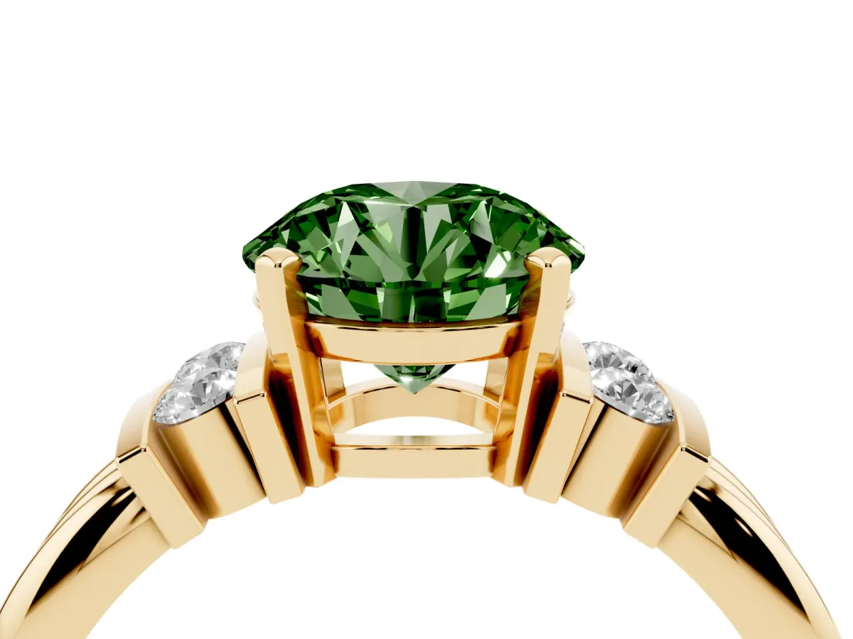 Fancy Green Round Cut Cut Three-Stone Channel Set Ring with Bar Prongs Yellow gold