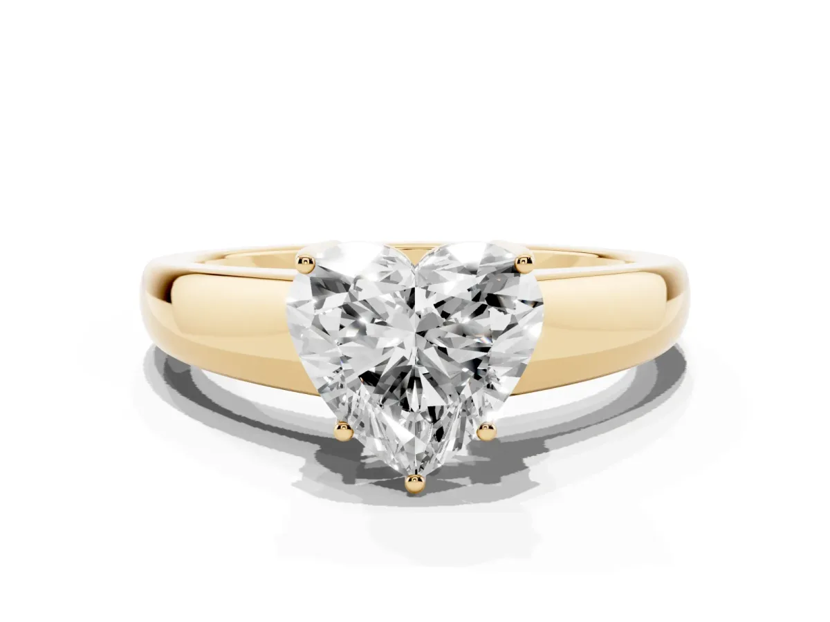 Heart Cut Solitaire Diamond Ring with Tapered Band and Four-Prong Setting Yellow gold