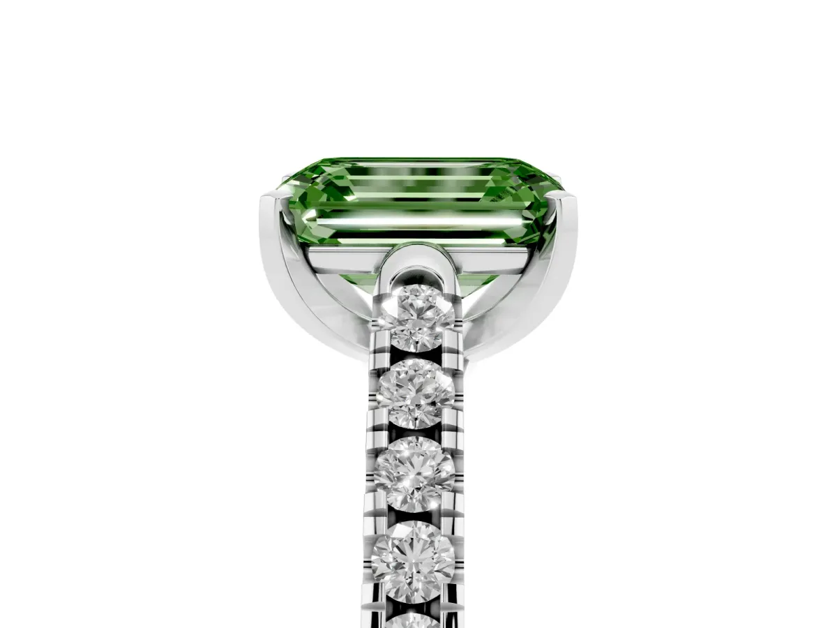 Fancy Green Emerald Cut Diamond Pavé Band Solitaire Ring with Prong Setting Platinum