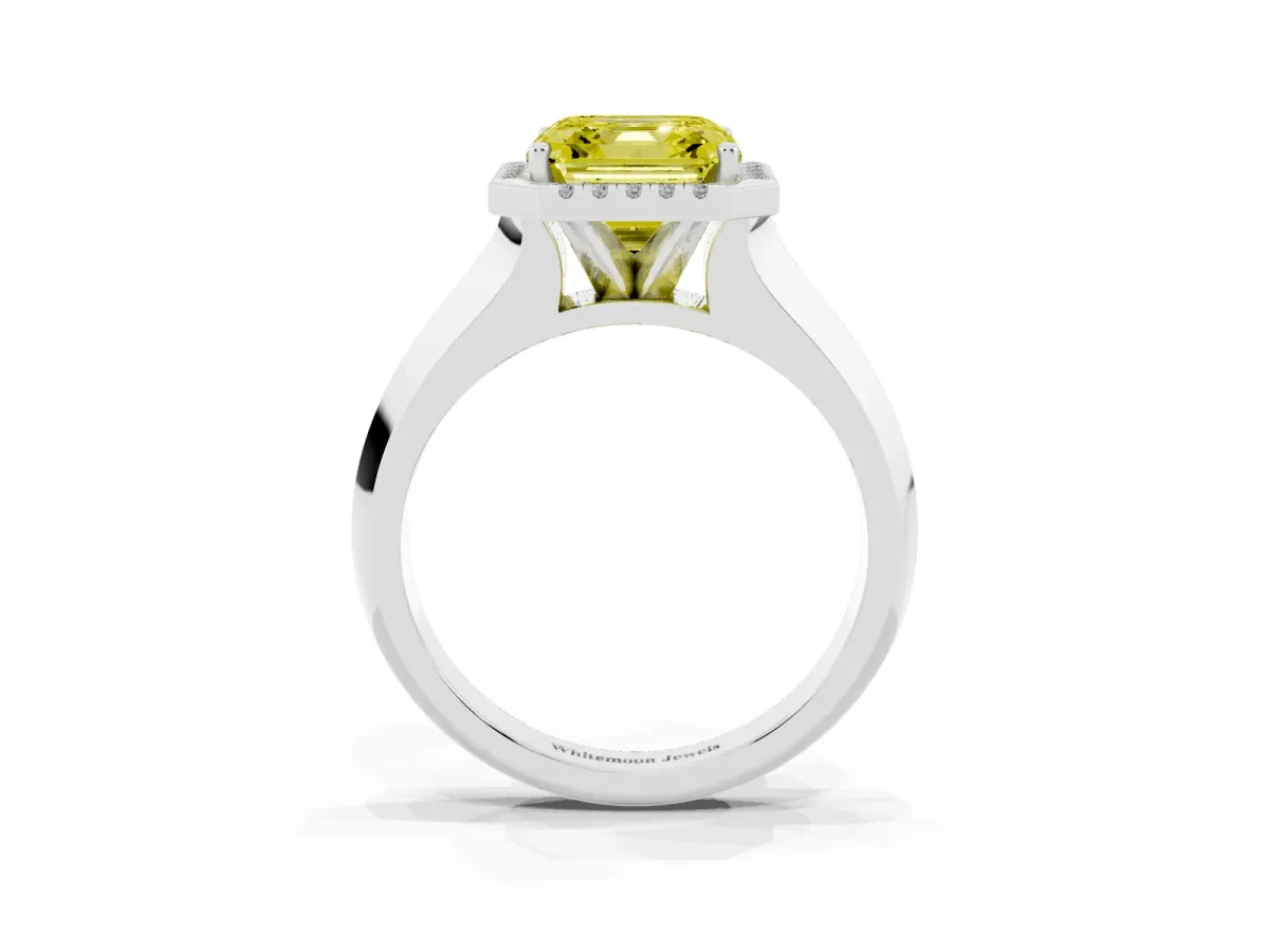 Fancy Yellow Asscher Cut Halo Diamond Ring with Cathedral Band and Four-Prong Setting Silver