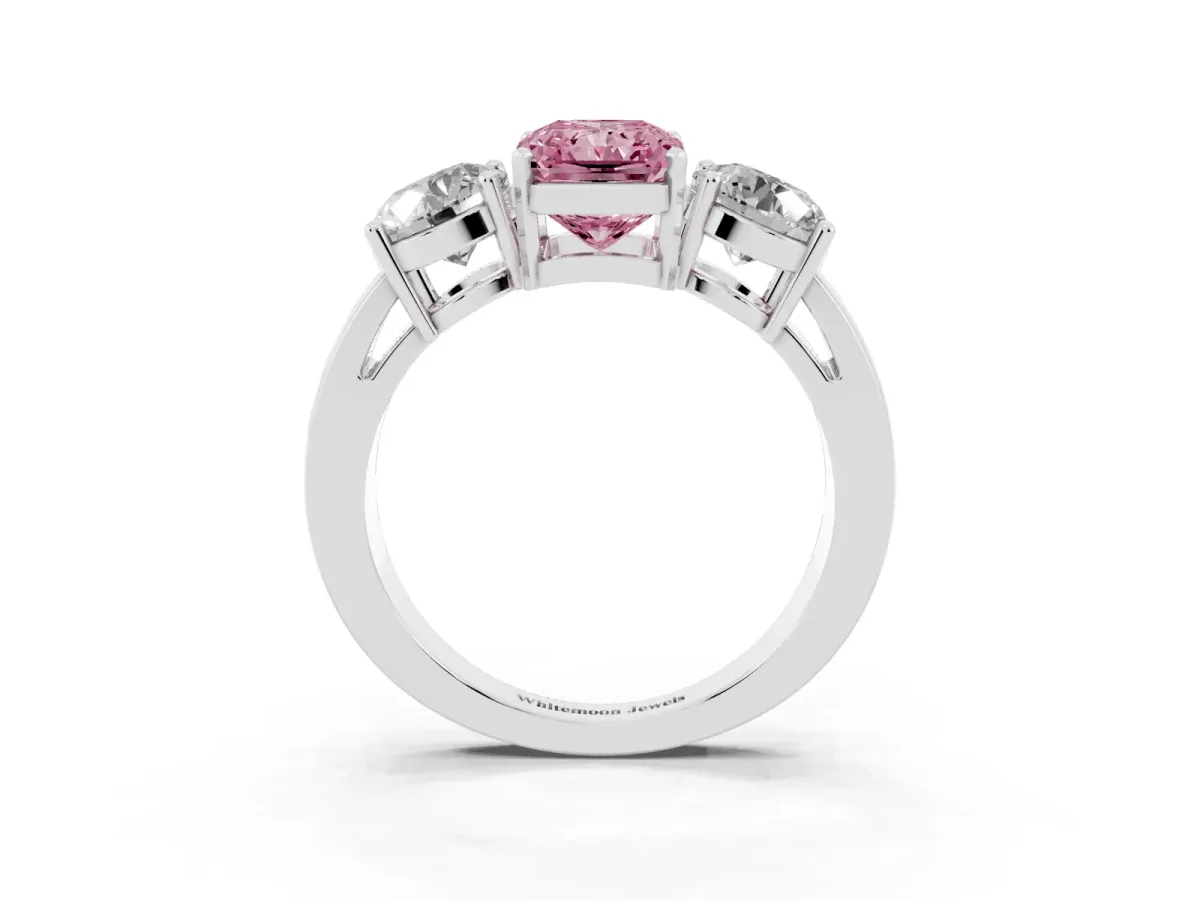 Fancy Pink Three-Stone Radiant Cut Diamond Ring with Round Side Stones, Classic Band, and Four-Prong Setting Silver