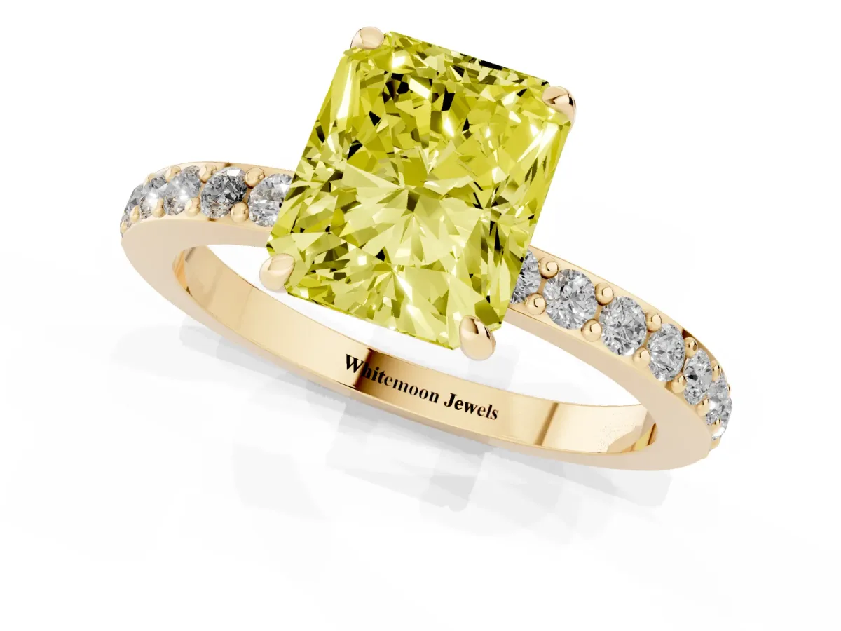 Fancy Yellow Radiant Cut Diamond Pavé Engagement Ring with Round Accents and Prong Setting Yellow gold