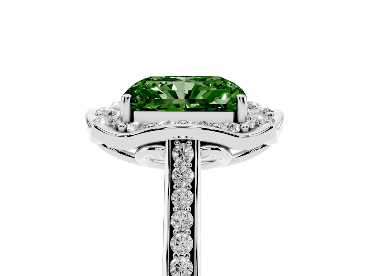 Fancy Green Radiant Cut Halo Round Diamond Pave Band with Four-Prong Setting Silver