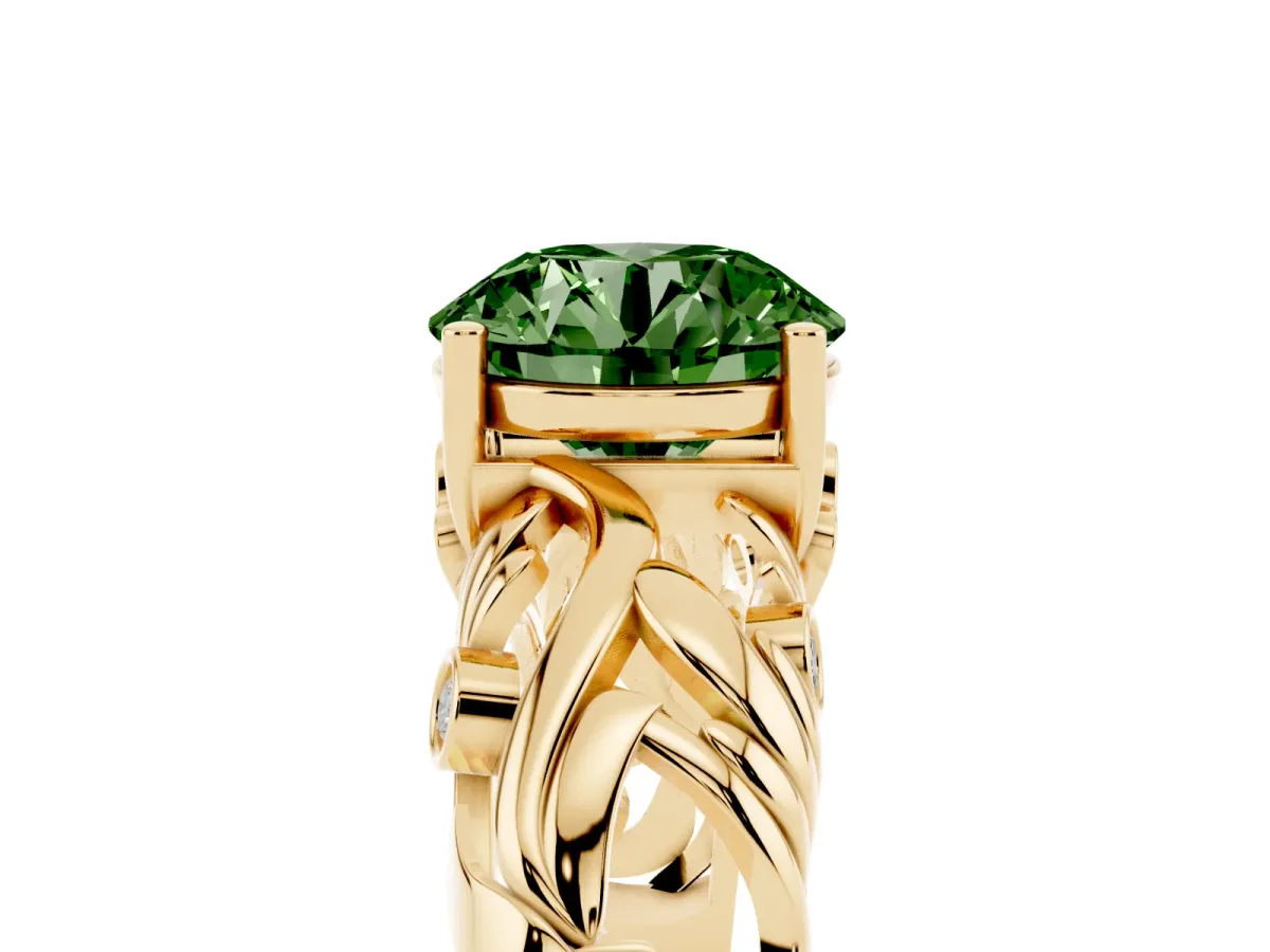 Fancy Green Round Cut Solitaire Diamond Leaf-Inspired Vine Band Ring with Prong Setting Yellow gold