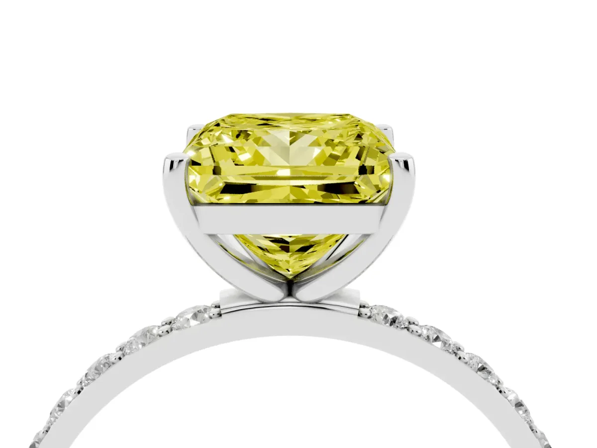 Fancy Yellow Princess Cut Diamond Solitaire Ring with Round Pavé Shoulders and Prong Setting Silver