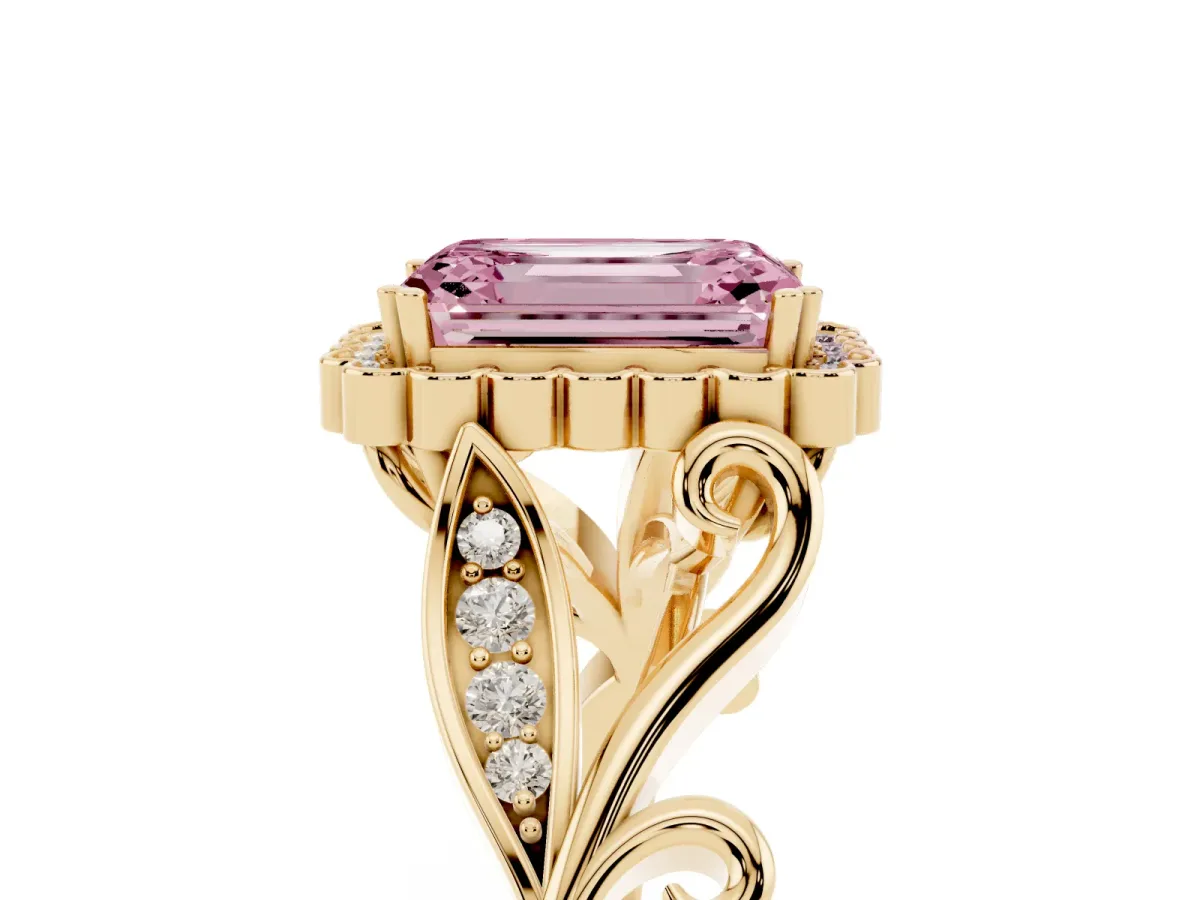 Fancy Pink Emerald Cut Diamond Halo Ring with Vintage Split Shank and Four-Prong Setting Yellow gold