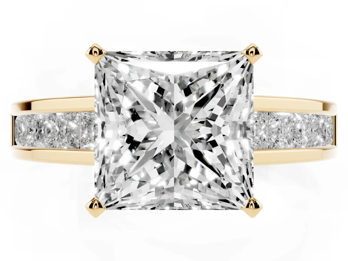 Princess Cut Solitaire Diamond Ring with Channel-Set Band and Four-Prong Setting Yellow gold