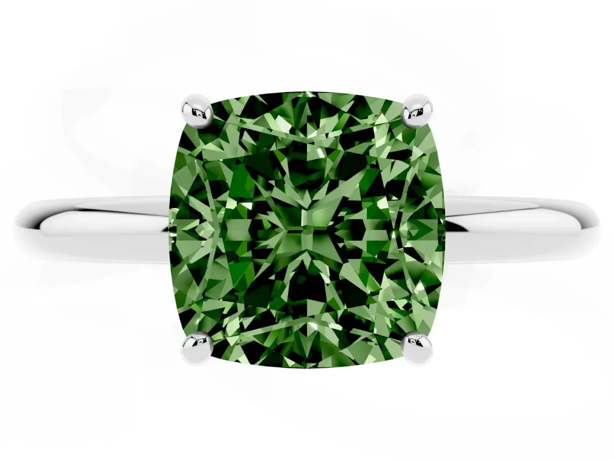 Fancy Green Cushion Cut Solitaire Diamond Ring with Four-Prong Setting on a Plain Band Platinum