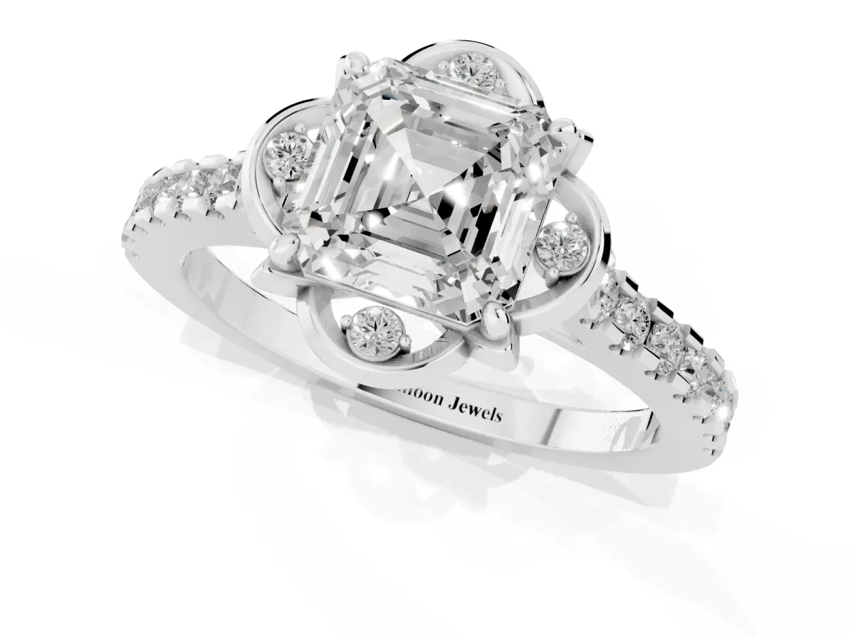Asscher Cut Diamond Ring with Pavé Band and Floral Prong Setting Platinum