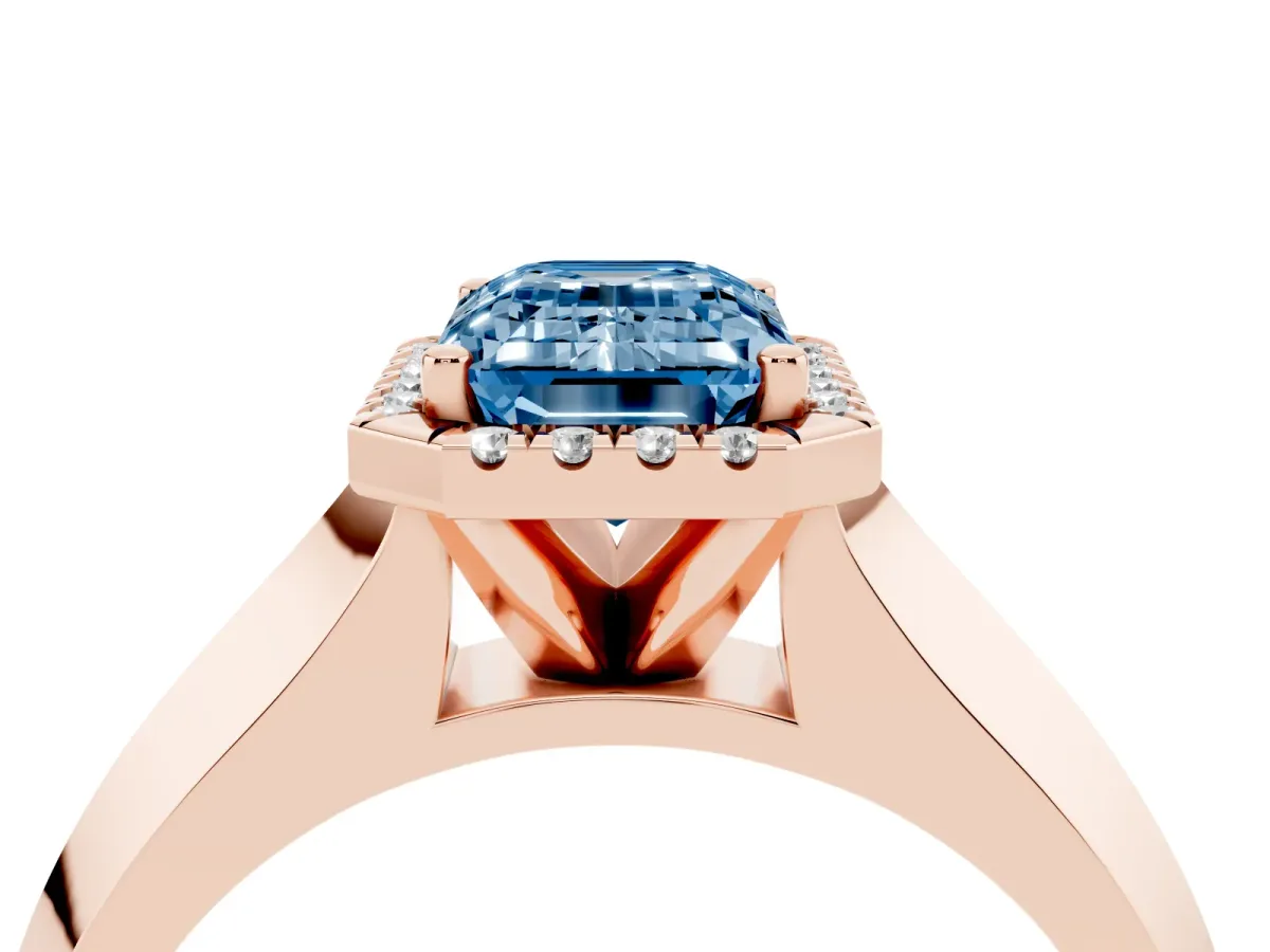 Fancy Blue Emerald Cut Halo Diamond Ring with Cathedral Band and Four-Prong Setting Rose gold