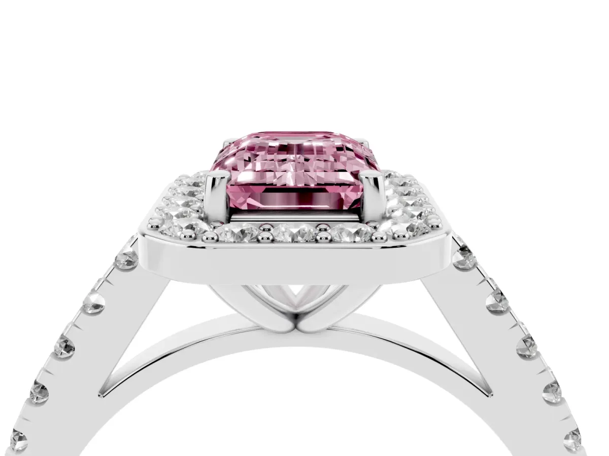 Fancy Pink Emerald Cut Diamond Halo Ring with Round Pavé Split Shank and Prong Setting Platinum