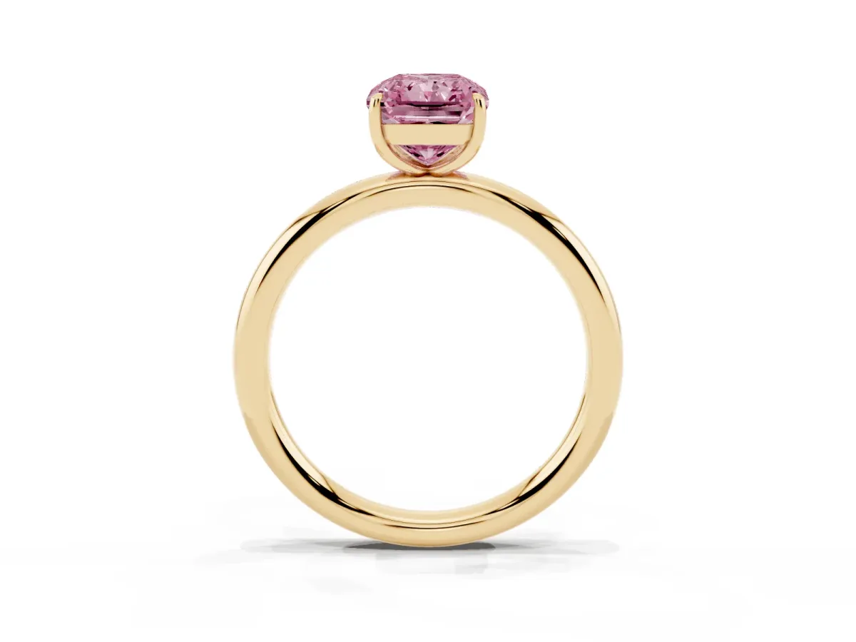 Fancy Pink Radiant Cut Solitaire Diamond Ring with Four-Prong Setting on a Plain Band Yellow gold