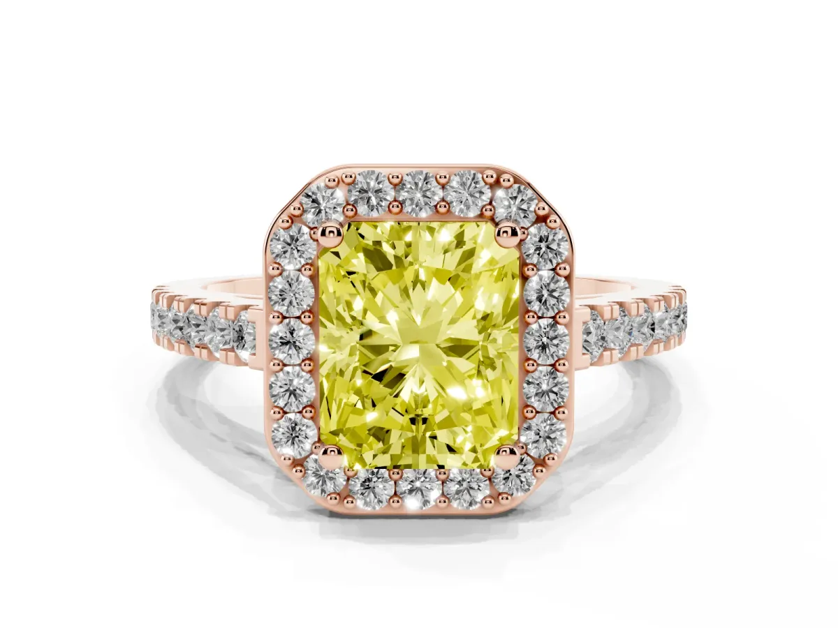 Fancy Yellow Radiant Cut Diamond Halo Ring with Round Pavé Split Shank and Prong Setting Rose gold