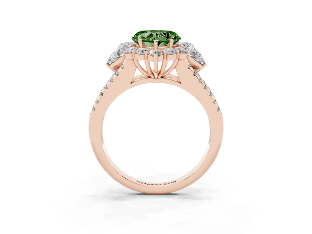 Fancy Green Heart Cut Halo Split Shank Diamond Engagement Ring with Prong Setting Rose gold