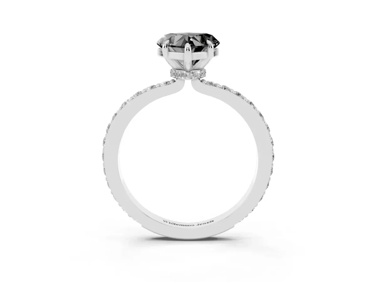 Fancy Black Heart Cut Diamond Pavé Engagement Ring with Round Accents and Prong Setting Platinum