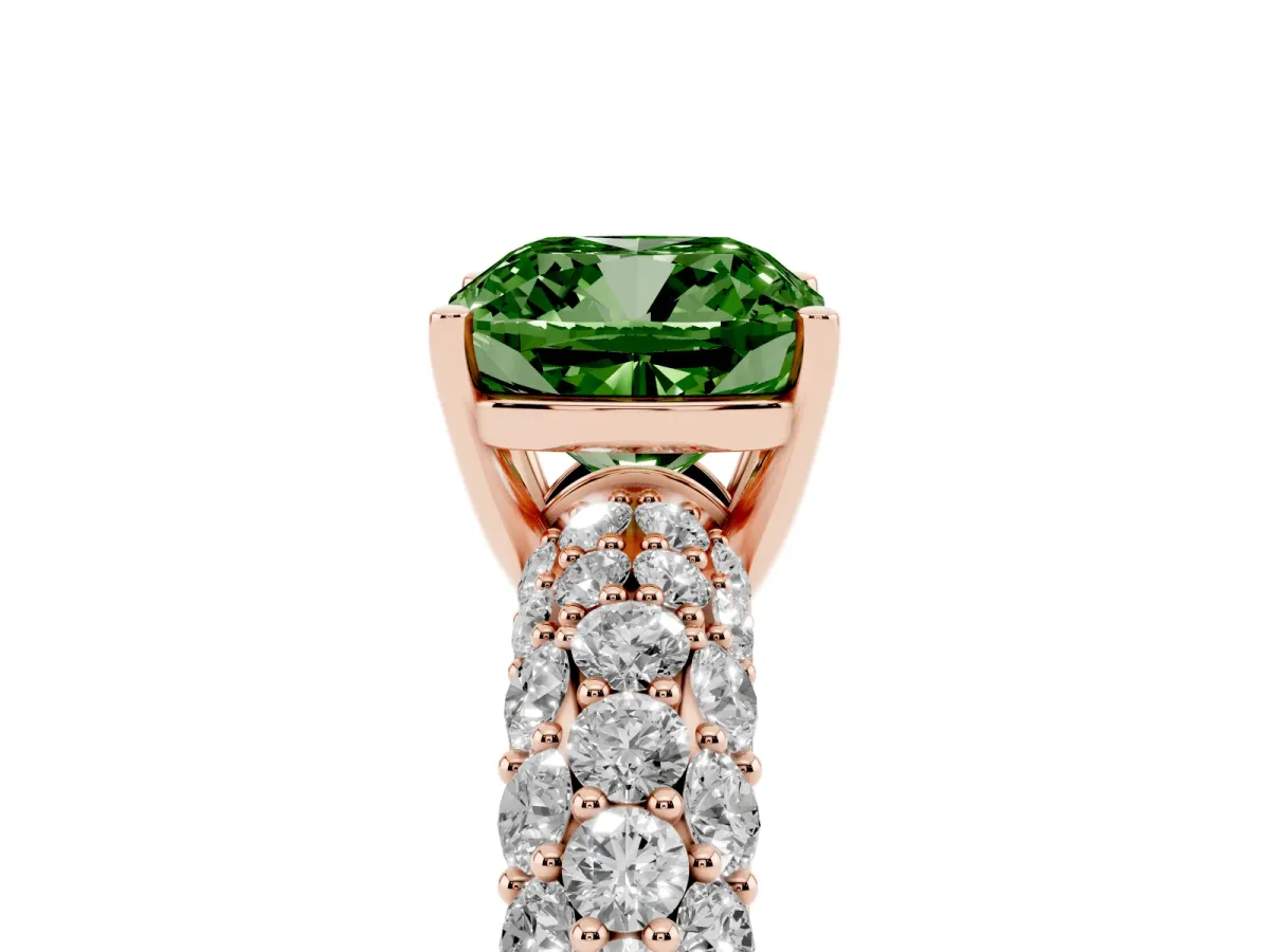 Fancy Green Cushion Cut Diamond Pavé Band Solitaire Ring with Four-Prong Setting Rose gold