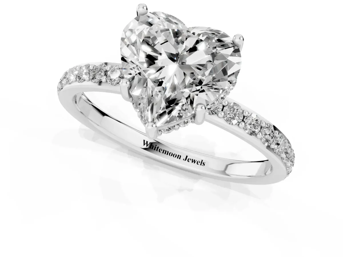 Heart Cut Diamond Solitaire Ring with Pavé Band and Hidden Halo Silver