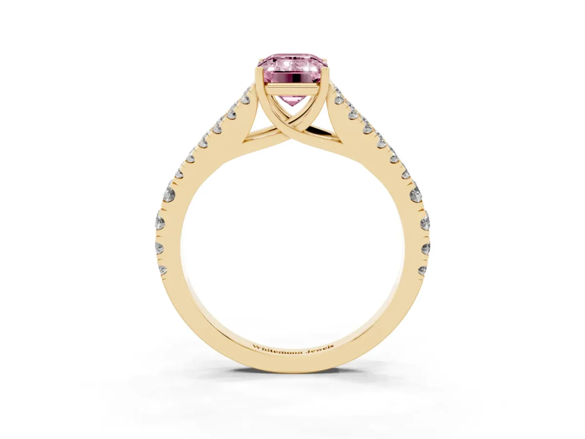 Fancy Pink Emerald Cut Diamond Split Shank Engagement Ring with Round Pavé and Prong Setting Yellow gold