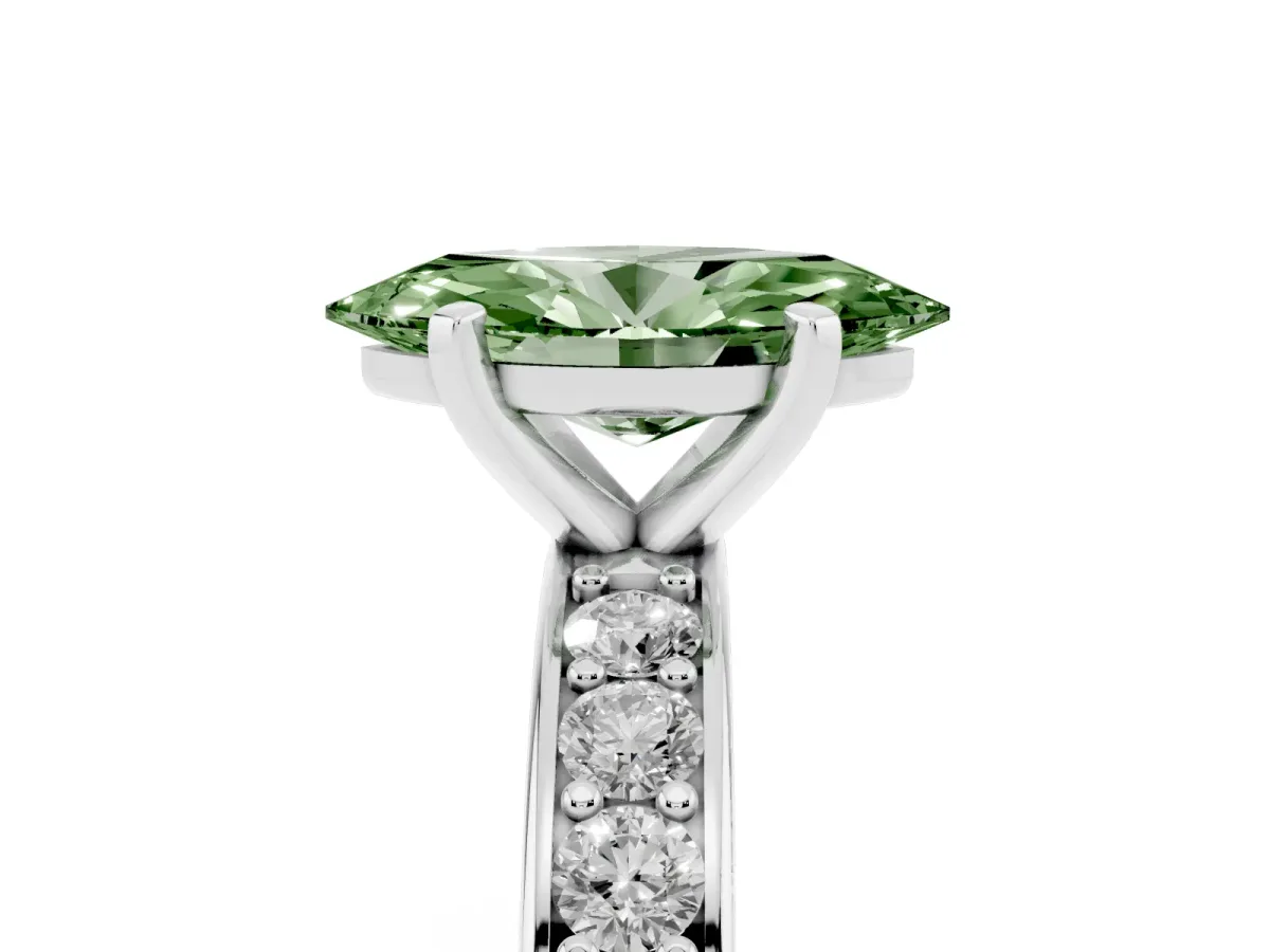 Fancy Green Marquise Cut Diamond Engagement Ring with Channel Set Round Band and Prong Setting White gold