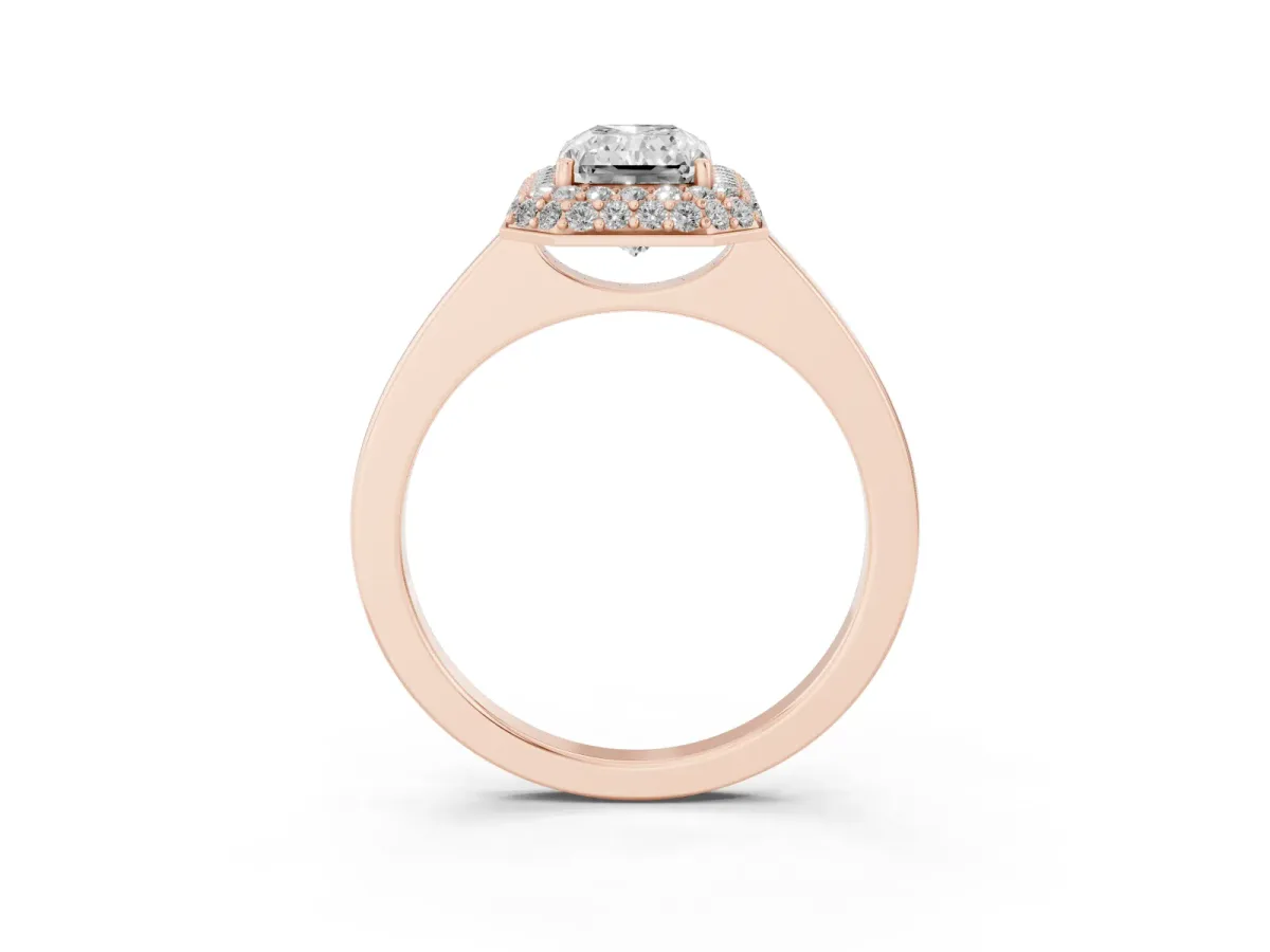 Radiant Cut Halo Diamond Engagement Ring with Solitaire Band and Four-Prong Setting Rose gold