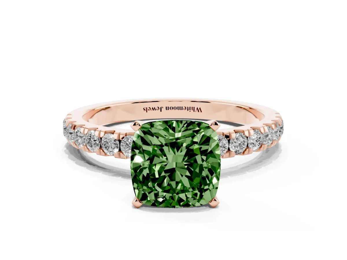Fancy Green Cushion Cut Diamond Solitaire Ring with Pavé Accents and Four-Prong Setting Rose gold