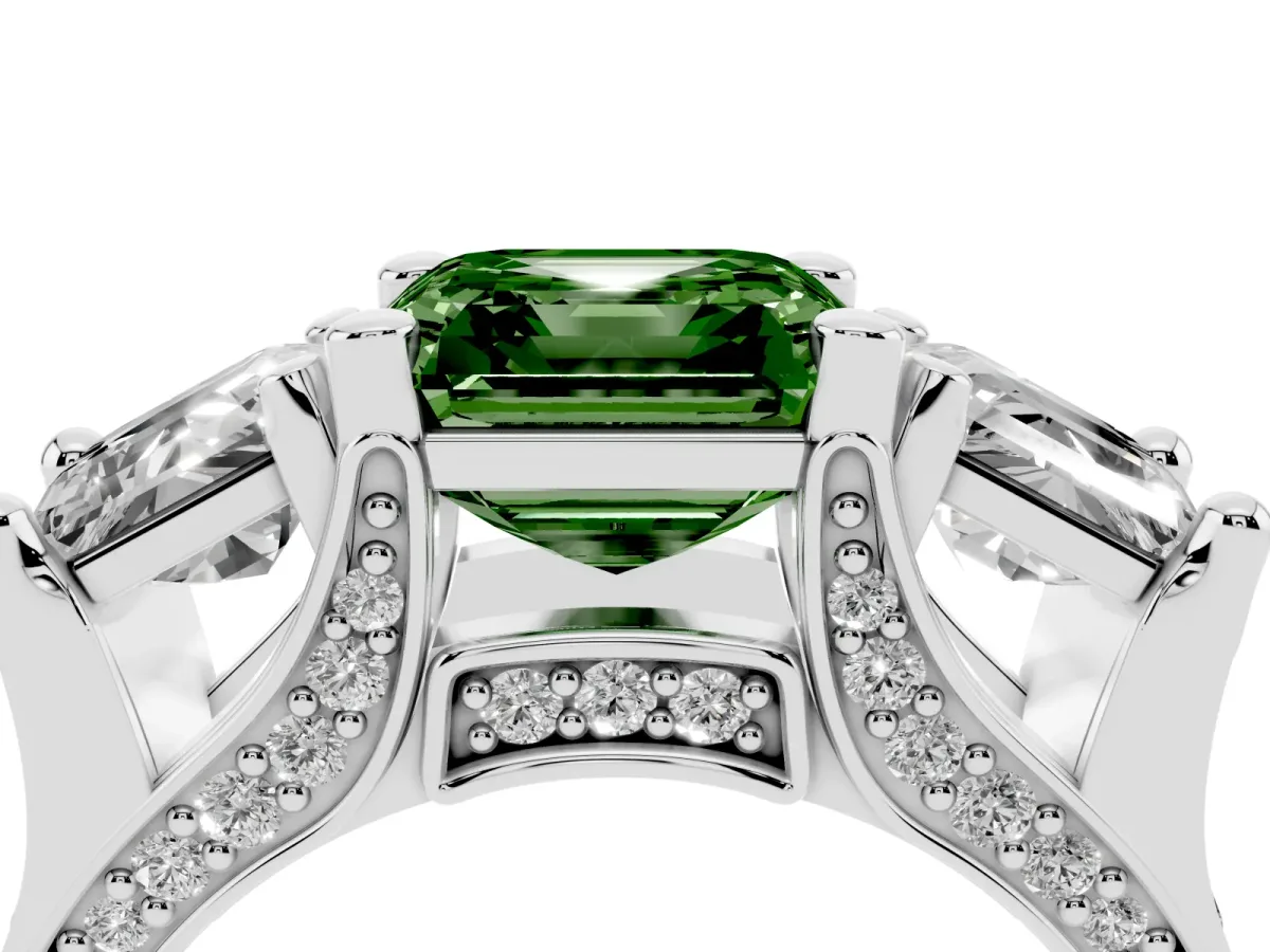 Fancy Green Asscher Cut Diamond Three-Stone Ring with Channel Set Band and Four-Prong Setting Silver