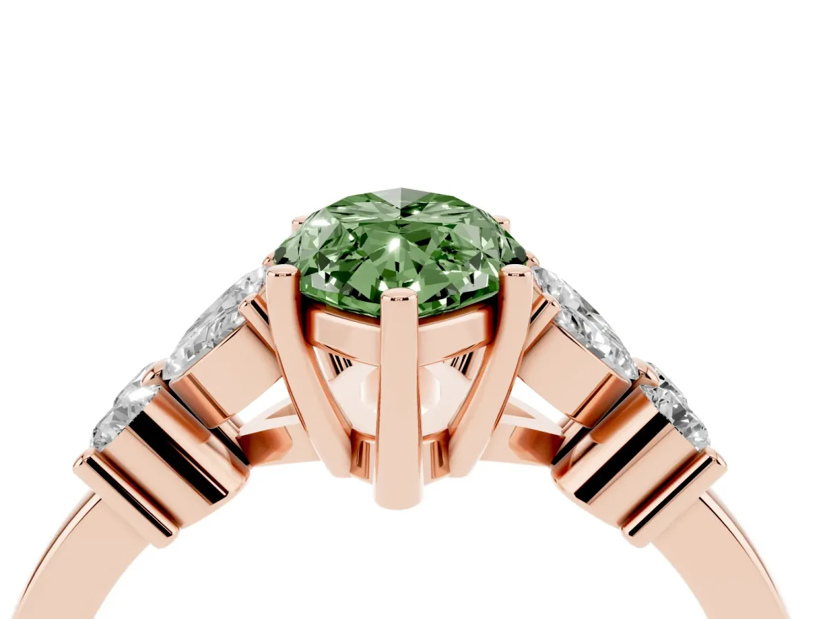 Fancy Green Marquise Cut Diamond Floral Cluster Ring with Solitaire Band and Prong Setting Rose gold