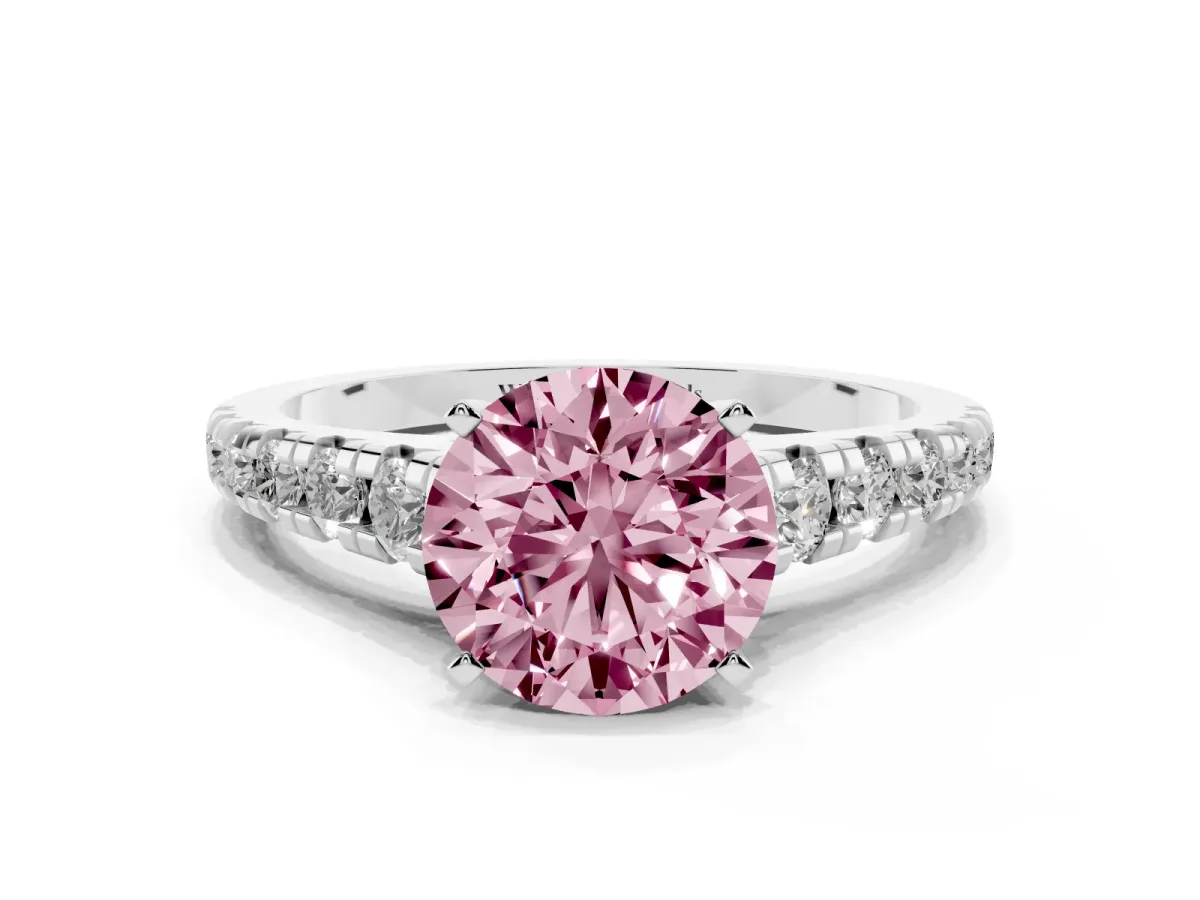 Fancy Pink Round Cut Diamond Cathedral Solitaire Ring with Round Pavé Band Silver
