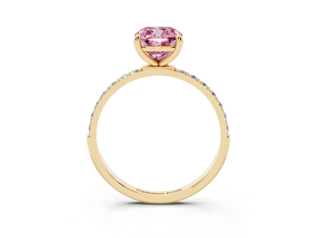 Fancy Pink Cushion Cut Diamond Solitaire Ring with Round Pavé Band and Prong Setting Yellow gold