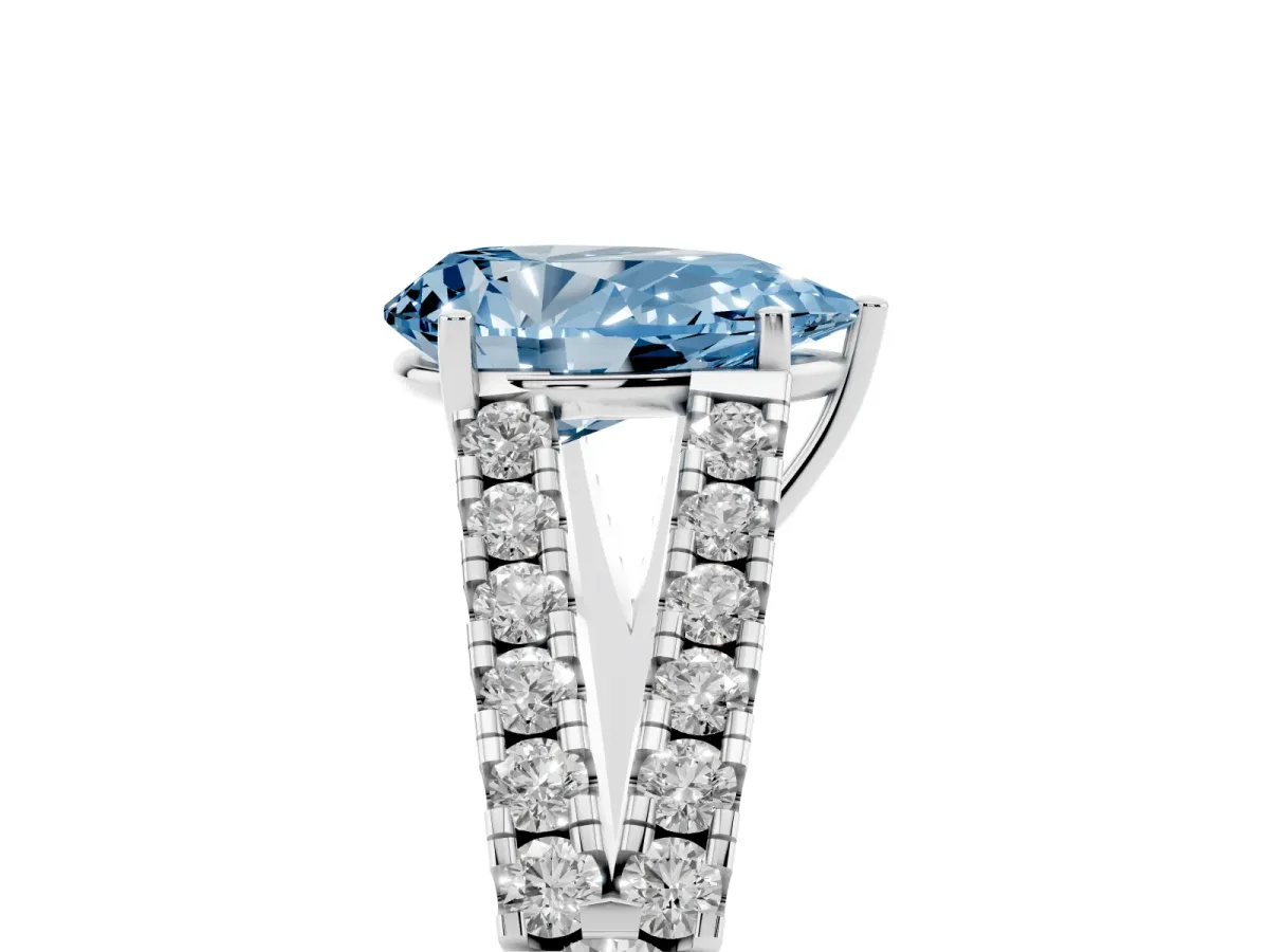 Fancy Blue Pear Cut Diamond Split Shank Pavé Engagement Ring with Four-Prong Setting White gold