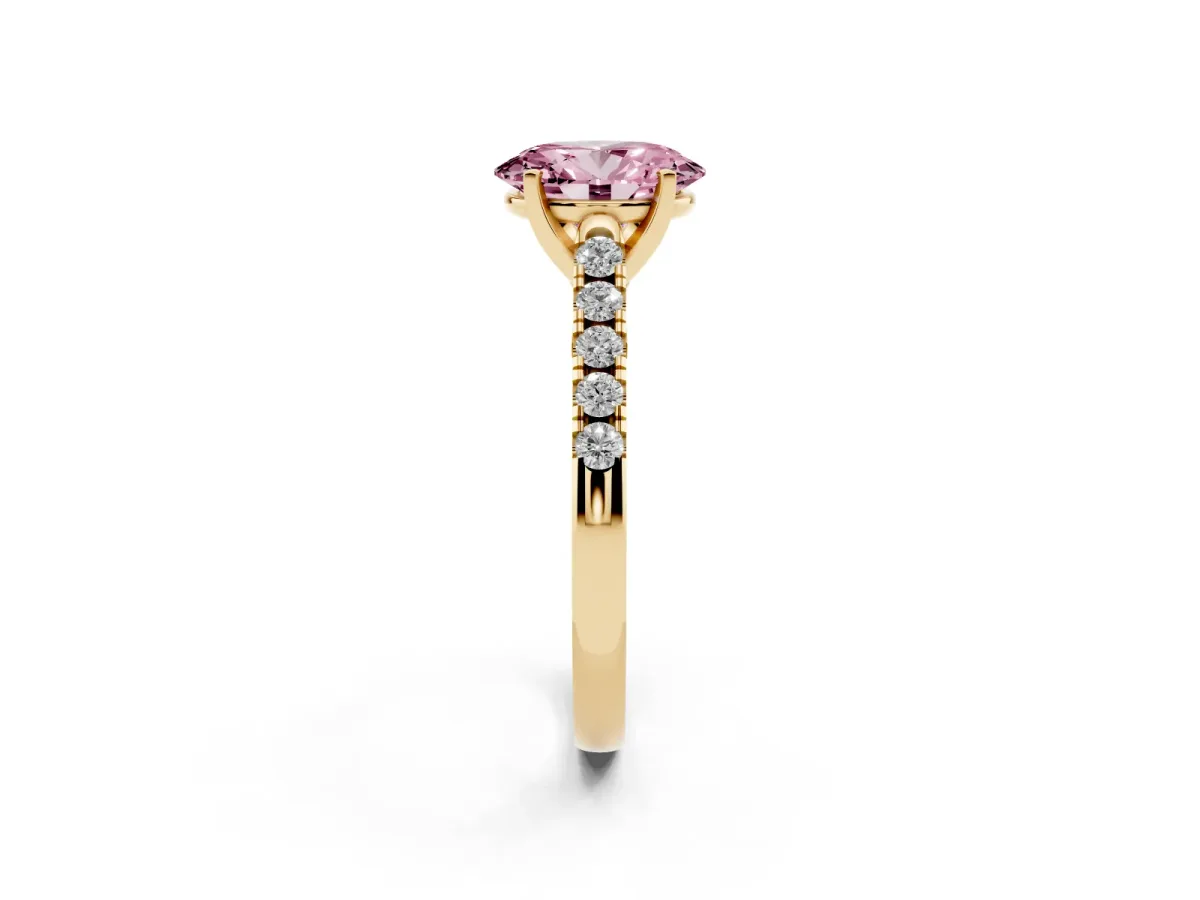 Fancy Pink Oval Cut Diamond Pavé Band Solitaire Ring with Prong Setting Yellow gold