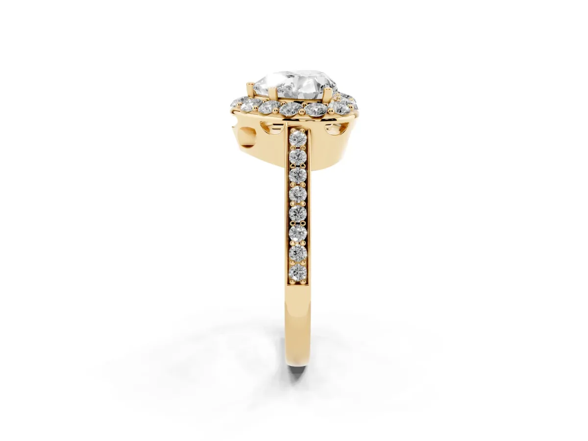 Heart Cut Diamond Floral Halo Ring with Pavé Band and Prong Setting Yellow gold