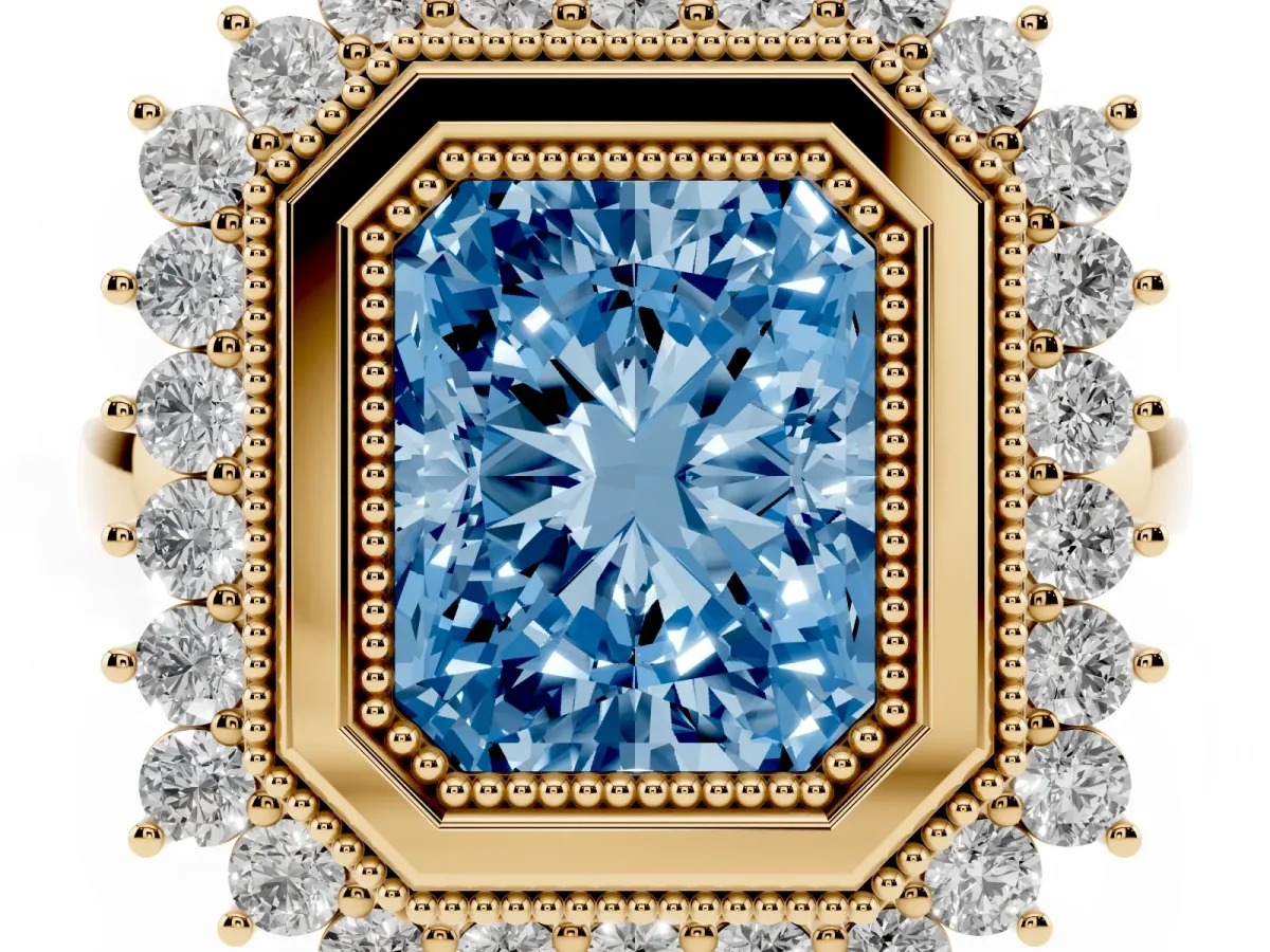 Fancy Blue Radiant Cut Halo Diamond Ring with Milgrain Edge and Round Prong Setting Yellow gold