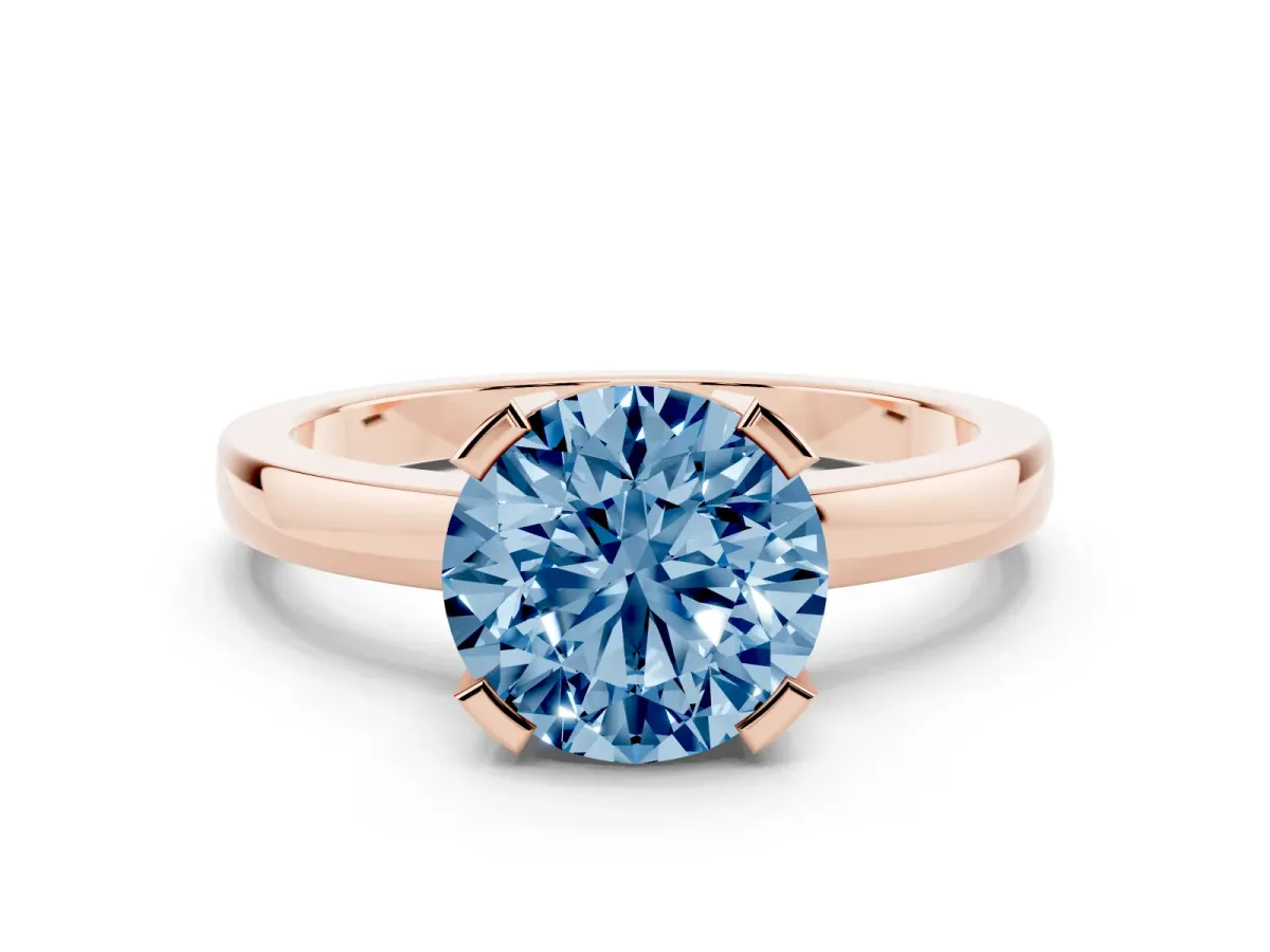 Fancy Blue Round Cut Cut Solitaire Ring with Four-Prong Setting and Classic Band Rose gold